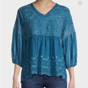 Johnny Was Gracie Latitude Blue Embroidered Blouse